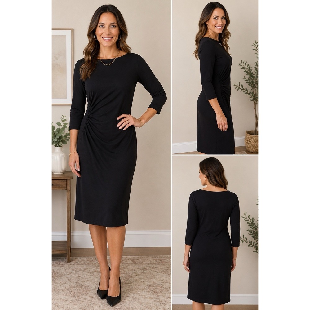 J.McLaughlin for Dillard's Black Dress Women's Large Ruched 3/4 Sleeve Midi‎